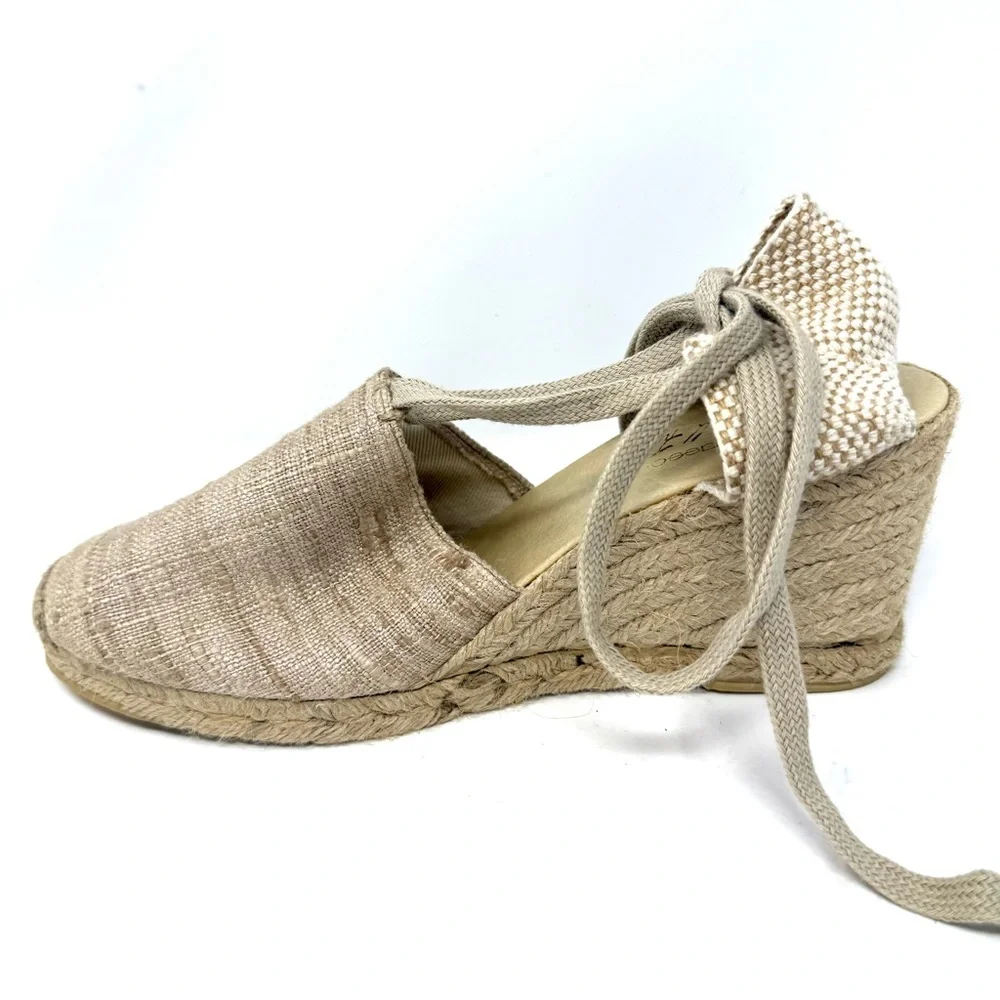 Andre Assous Lennon Espadrille Wedge Sandals 9.5 Woven Luxury Boho Beige Tie‎